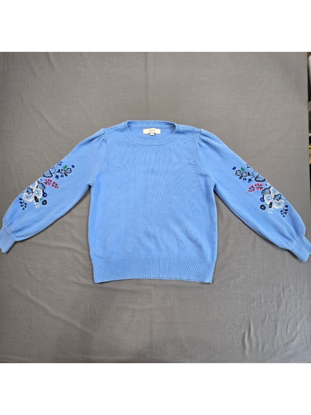 Ann Taylor LOFT Large Sweater Blue Floral Embroidered Long Sleeve Cotton Knit